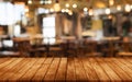 Artistic Fusion: Wooden Board Empty Table with Blurred CafÃ© Background