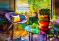An artistic generated image of a garden room with chairs and plants