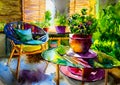 An artistic generated image of a garden room with chairs and plants