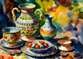 An artistic generated image of a tabletop set with colourful ceramics