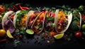 Artistic gourmet seafood taco plate with fresh, colorful veggies, ai generated masterpiece