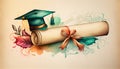 Artistic Graduation Cap and Scroll Illustration.