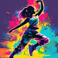 Artistic graffiti with a bright pattern of a woman dancing in sportswear. A dynamic figure dancing a sports dance.