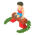 Artistic gymnastic icon isometric vector. Pommel horse male gymnast green branch