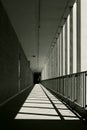 Artistic hallway inside the York Hall building, UCSD building exterior