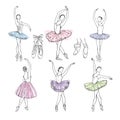 Artistic hand drawn pictures set of theatre theme. Ballerinas dancing