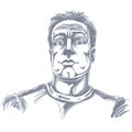 Artistic hand-drawn vector image, black and white portrait of impressed man. Emotions theme illustration, dazed guy.
