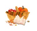 Artistic hand drawn watercolor autumn illustration of basket, plaid, open book, pumpkin isolated.