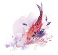 Artistic hand drawn watercolor composition with fish, pictorial paint drops and backdrops.