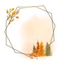 Artistic hand drawn watercolor illustration of beautiful geometric frame with fir tress and autumn leaves isolated.