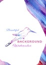 Artistic hand made Watercolor multicolor background with bird in the style of line art. Purple, blue, orange, red, pink