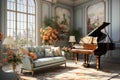 Artistic Harmony: Living Room with Piano and Paintings in the Style of Elegance. Generative AI