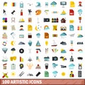 100 artistic icons set, flat style