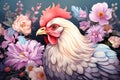 Artistic Illustration Adorable Exotic Chicken Among Flowers, Generative AI