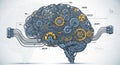 An artistic illustration of a brain integrated with intricate gears and cogs, representing Royalty Free Stock Photo