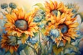 Artistic illustration of bright sunflowers against a soft, colorful background Royalty Free Stock Photo