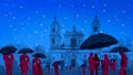 Artistic illustration of the Cathedral of the Metropolitan and Primate Basilica in Plaza de Bolivar at nite