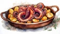 An artistic illustration of cooked octopus with tentacles and roasted potatoes in a rustic baking dish Royalty Free Stock Photo