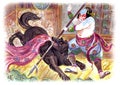 Artistic illustration of demon wolf fighting with brave japanese warrior