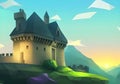 Artistic Illustration: Majestic Castle in a Beautiful Mountain Landscape with Trees, Blue Sky, and Clouds