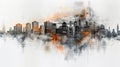 Artistic illustration of a modern city skyline with abstract elements and splashes of color on a white background, creating a Royalty Free Stock Photo