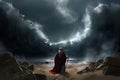 Artistic illustration of back view of Moses dividing the red sea in exodus Royalty Free Stock Photo