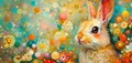 Artistic illustration of a rabbit amidst a vibrant meadow of colorful flowers