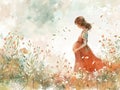An artistic illustration of a serene pregnant woman surrounded by a vibrant field of flowers, depicting peaceful maternity in Royalty Free Stock Photo