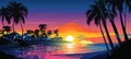 Artistic Illustration of a Serene, Tranquil Beach at Evening in Retro Wave Style