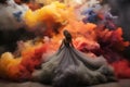 Elegant woman in flowing dress surrounded by vibrant smoke clouds Royalty Free Stock Photo