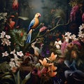 An artistic image of a colorful parrot on a tree branch surrounded by beautiful flowers