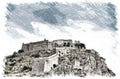 Artistic image. Landscape in Greece with blue sky and castle on