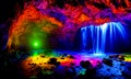 A dark enchanting colourful underground cave with waterfall and dark flashes of sizzling light