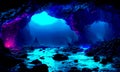 A dark enchanting colourful underground cave with waterfall and dark flashes of sizzling light