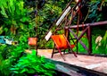 An impressionist painting style image of a garden with walkway bridge, chairs and plants