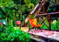 An impressionist painting style image of a garden with walkway bridge, chairs and plants