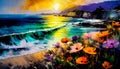 An impressionist oil painting style image of a seaside landscape