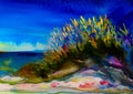 An impressionist painting style image of a sandy dune beach with bull rushes