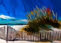 An impressionist painting style image of a sandy dune beach with bull rushes