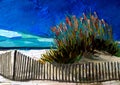 An impressionist painting style image of a sandy dune beach with bull rushes