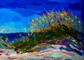 An impressionist painting style image of a sandy dune beach with bull rushes