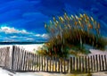 An impressionist painting style image of a sandy dune beach with bull rushes