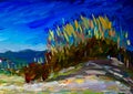 An impressionist painting style image of a sandy dune beach with bull rushes