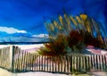 An impressionist painting style image of a sandy dune beach with bull rushes