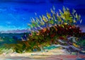 An impressionist painting style image of a sandy dune beach with bull rushes