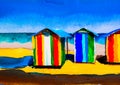 An artistic sketch showing colourful beach huts by the seaside