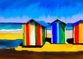 An artistic sketch showing colourful beach huts by the seaside