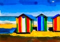 An artistic sketch showing colourful beach huts by the seaside