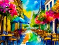 An artistic generated image inspired by a Cafe Street Scene