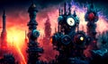 Fantasy industrial city scene with clock towers, gears and mechanisms